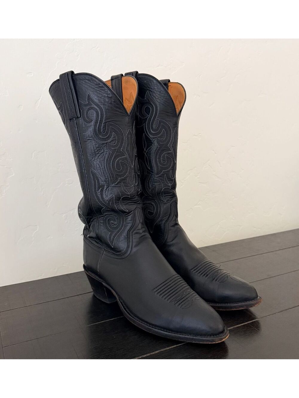 Lucchese Men's Classics Black Leather Embroidered Western Cowboy Boots Size 7D